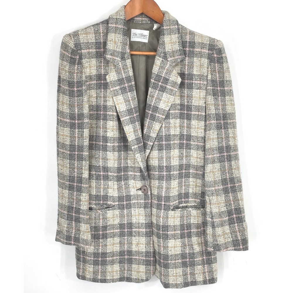 VTG The Villager Liz Clairborne Women Blazer 10 Wool Grey Plaid Academic
